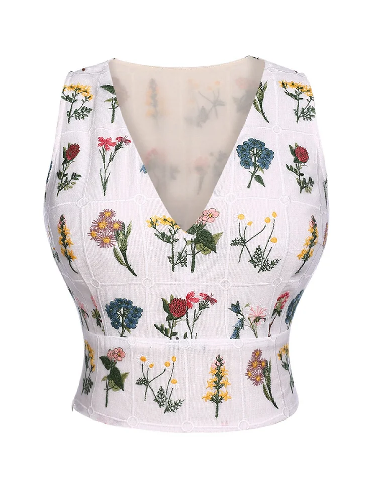 White Floral Embroidery Crop Top