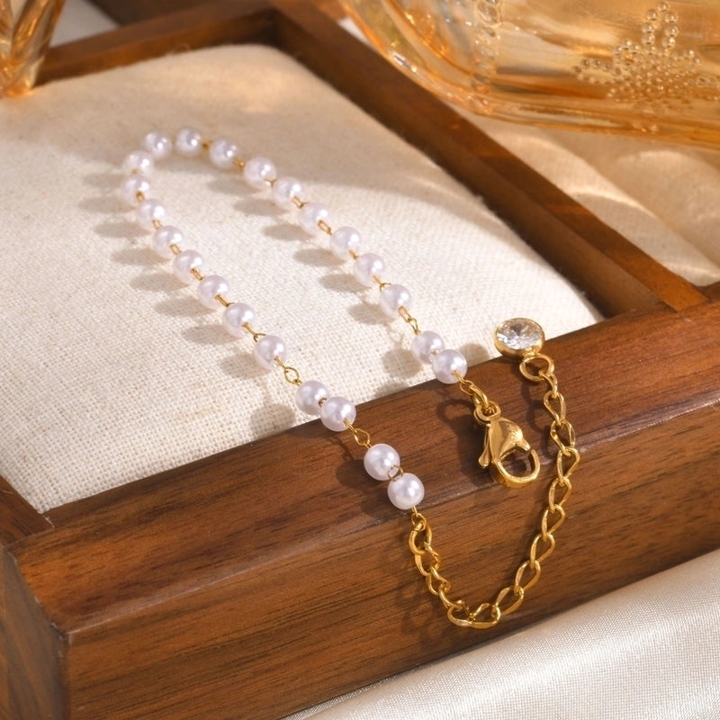 Vintage Style Minimalist Pearl 201 Stainless Steel Beaded Chain Bracelets In Bulk Stainless Steel Bracelets