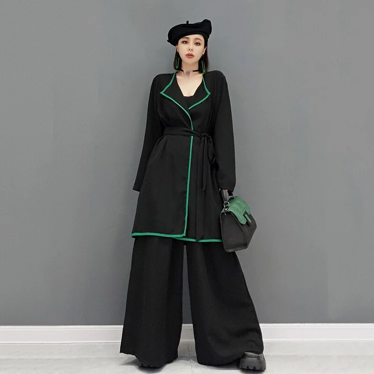 Fashion Lapel Lace-up Long Sleeve Top And Wide Leg Straight Pants Two Piece Set     