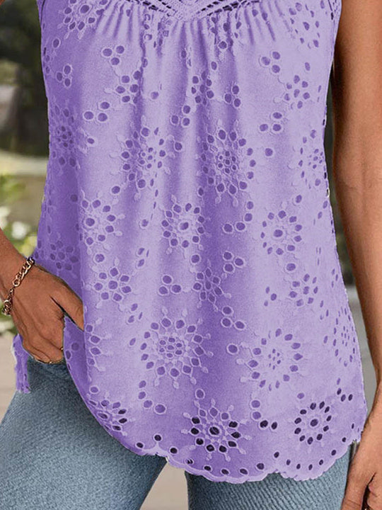 Women Sleeveless Scoop Neck Solid Lace Tops