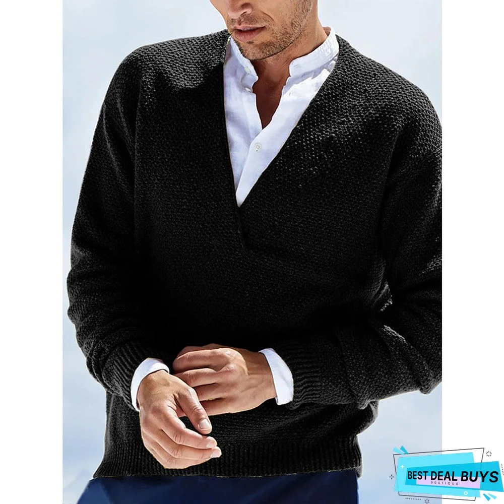 Solid Color Long Sleeve V-Neck Knitted Men's Sweater