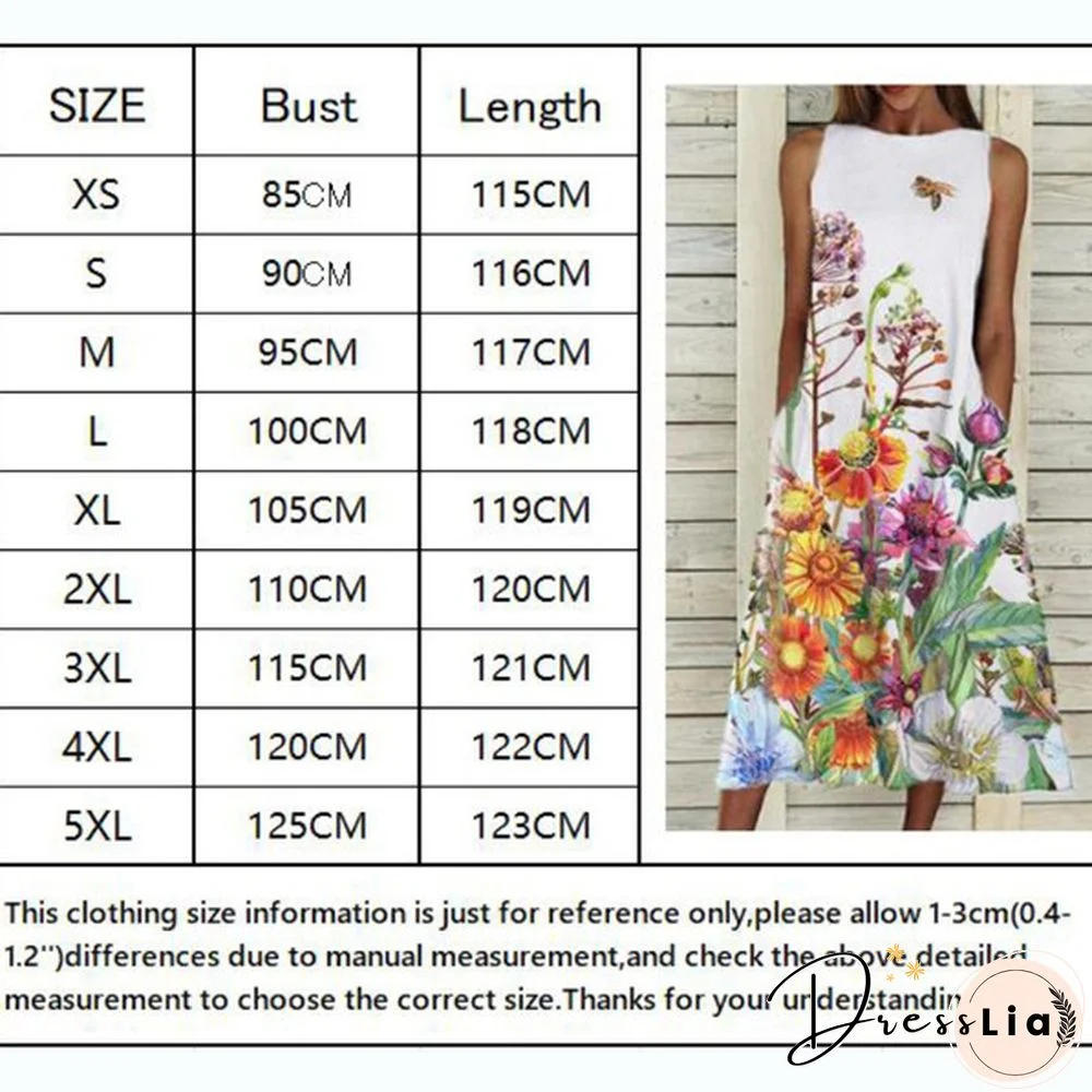 XS-5XL Plus Size Fashion Women Summer Casual Tops Elegant Sleeveless Print A-Line Dress Round Neck Casual Party Dresses Girls Sweet Dress