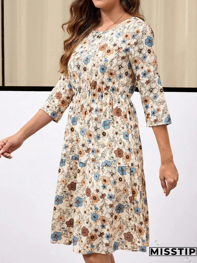 Women's Floral Print Round Neck Ruffled Hem Casual Mini Dress