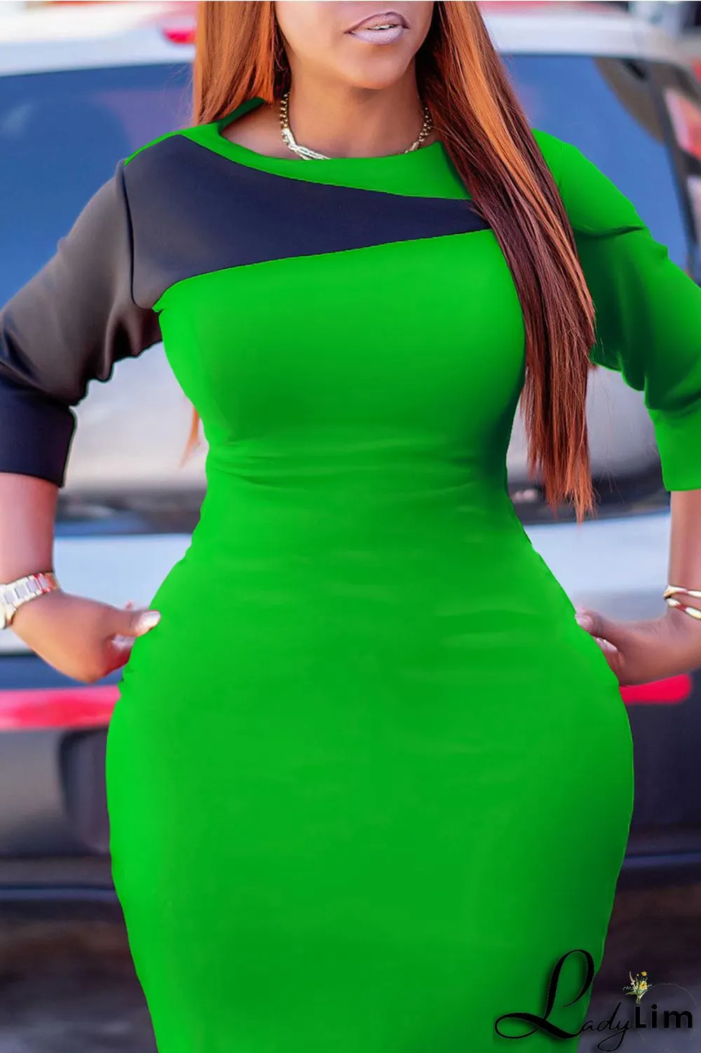 Yellow Elegant Solid Color Block Patchwork Contrast Zipper O Neck Wrapped Skirt Dresses