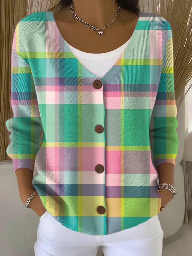 Lattice Print Buttoned V-neck Cardigan Sweater