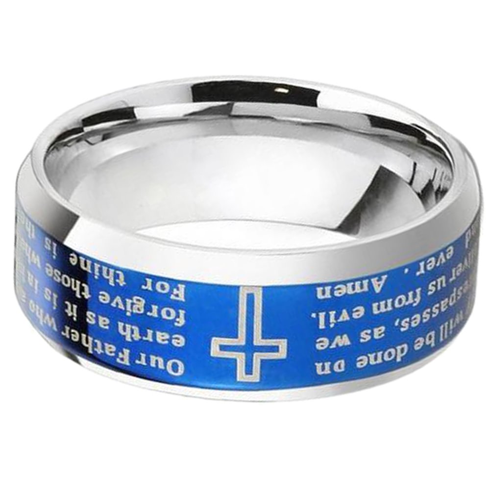 Blue Tungsten Ring Lords Prayer Brushed Finished Beveled Edge