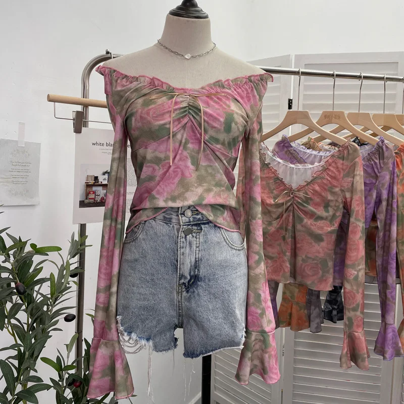 Uveng Vintage Print V-Neck Horn Sleeve Top Wooden Ear Lace With Short-Sleeved Long-Sleeved T-Shirt 9906