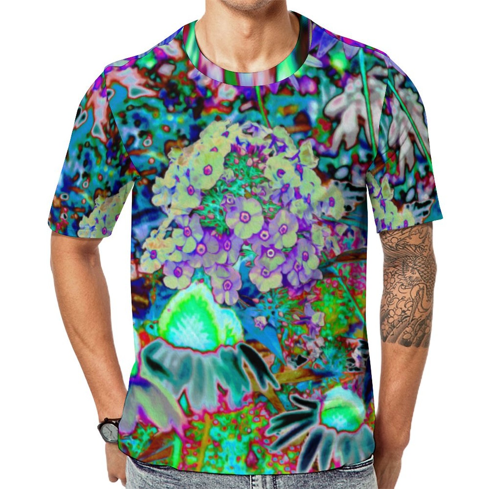 Psychedelic Purple And Lime Green Garden Flowers Short Sleeve Print Unisex Tshirt Summer Casual Tees for Men and Women Coolcoshirts