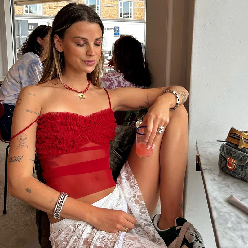 Toloer Toloer Desire Wind Sexy Pleated Lace Perspective Feeling Small Sling V Collar Slim Solid Color Bottom Vest Female-Outfit Ideas