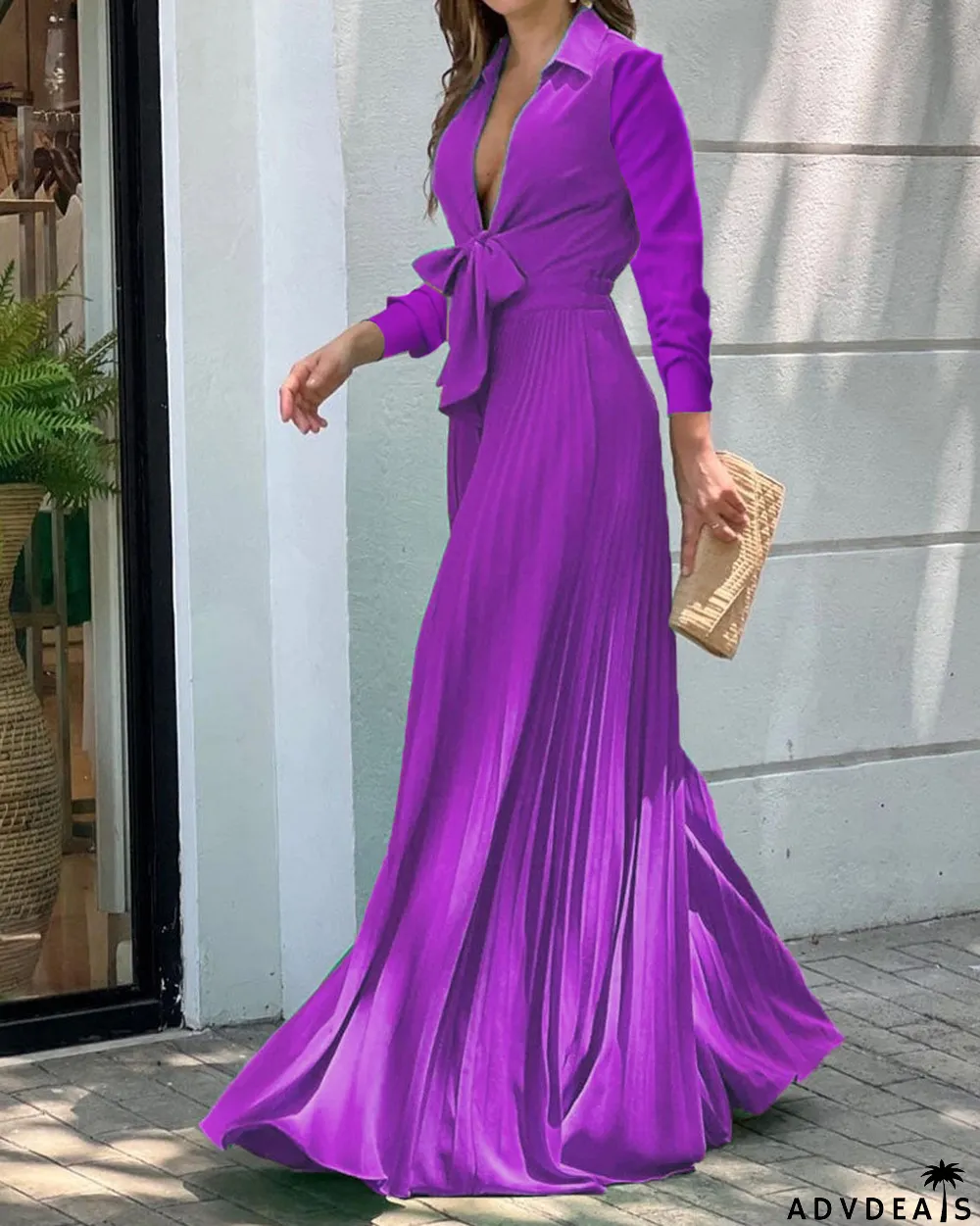 Women's Fall Fashion V-Neck Long Sleeve Turndown Collar Loose Wide Leg Jumpsuit