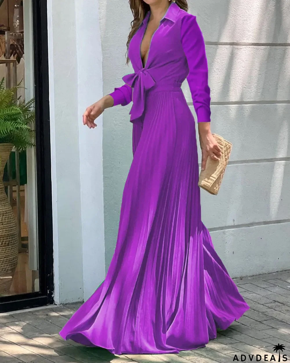 Women's Fall Fashion V-Neck Long Sleeve Turndown Collar Loose Wide Leg Jumpsuit