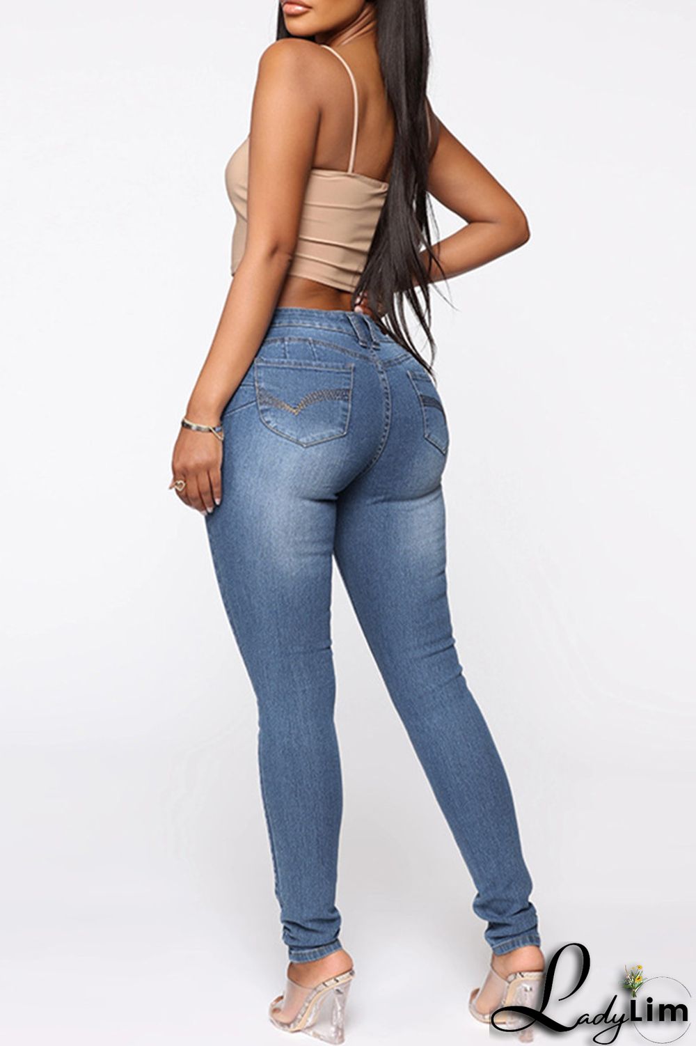 Deep Blue Fashion Casual Print Patchwork Mid Waist Skinny Denim Jeans