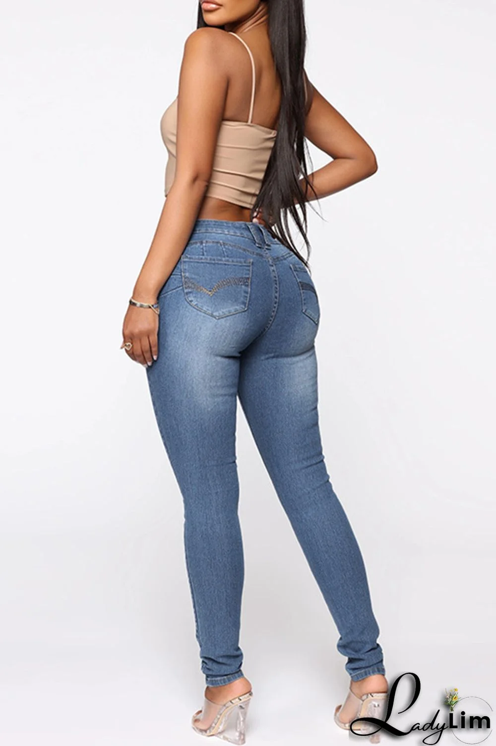 Deep Blue Fashion Casual Print Patchwork Mid Waist Skinny Denim Jeans