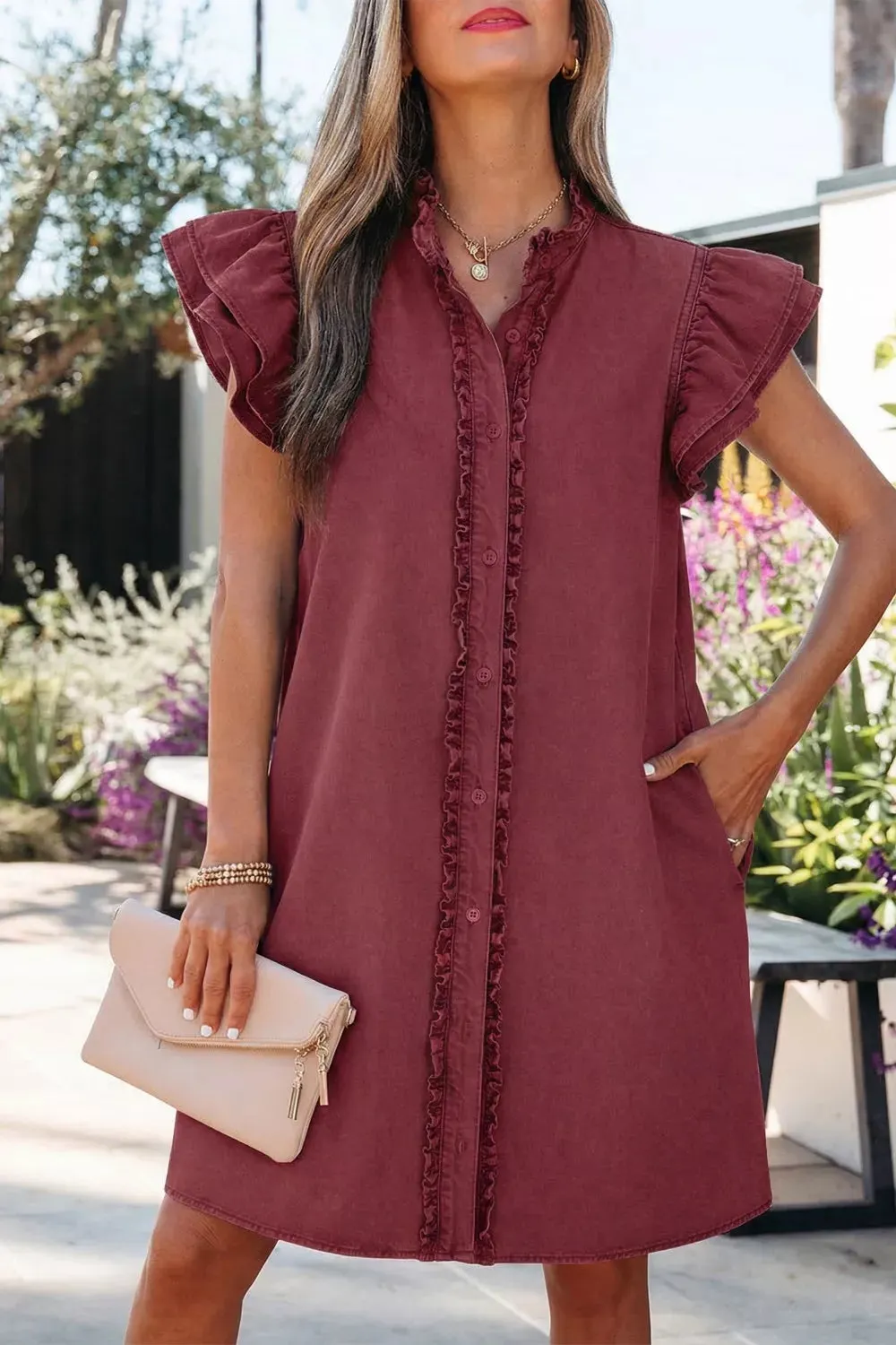 Frilled Detail Button Down Ruffle Short Sleeve Denim Mini Dress mysite idetrend