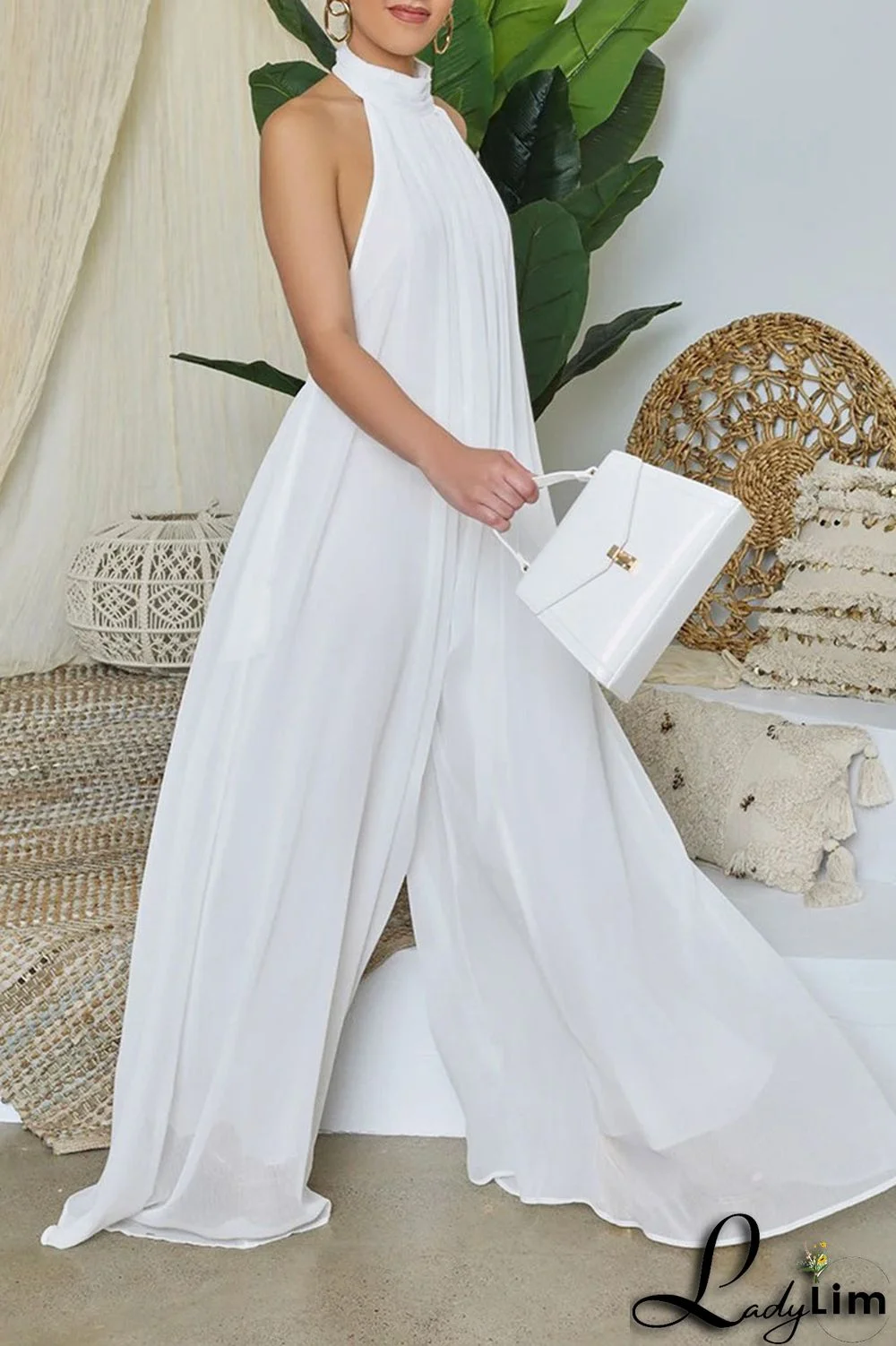 Yellow Elegant Solid Patchwork Backless Halter Straight Jumpsuits