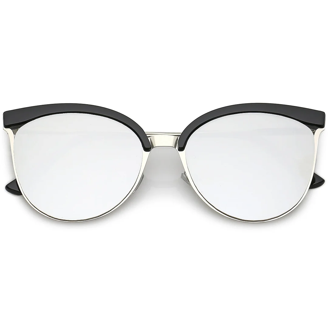 Modern Semi-Rimless Cat Eye glasses Cutout Round Mirrored Flat Lens 55mm