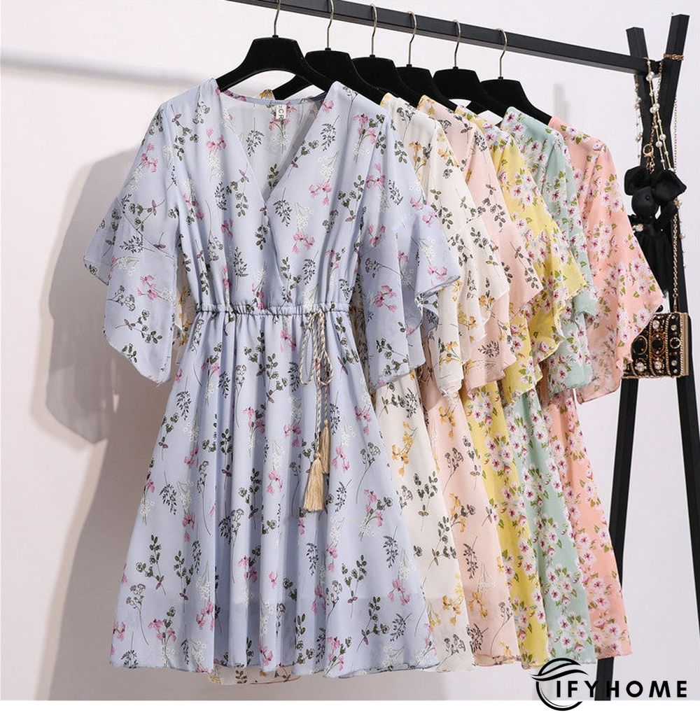 Spring Summer Chiffon Women V-Neck Floral Print Short Dresses Sweet Ruffle Sleeeve Slim Drawstring Ladies Dress | IFYHOME