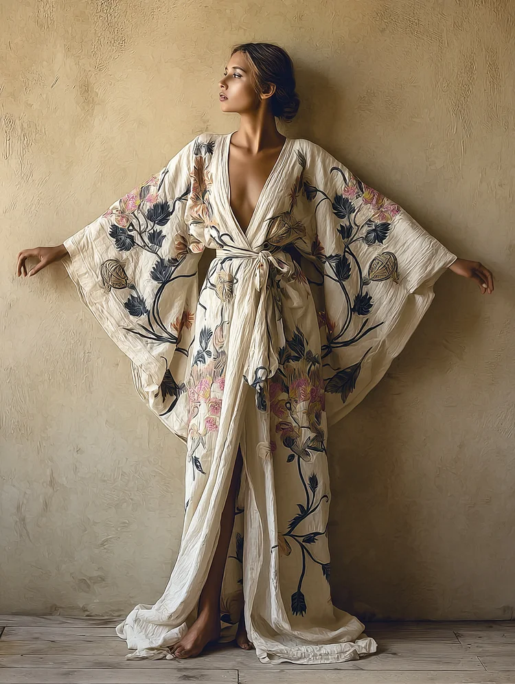 Women's Begonia Flower Kimono Linen Robe (Including Belt)