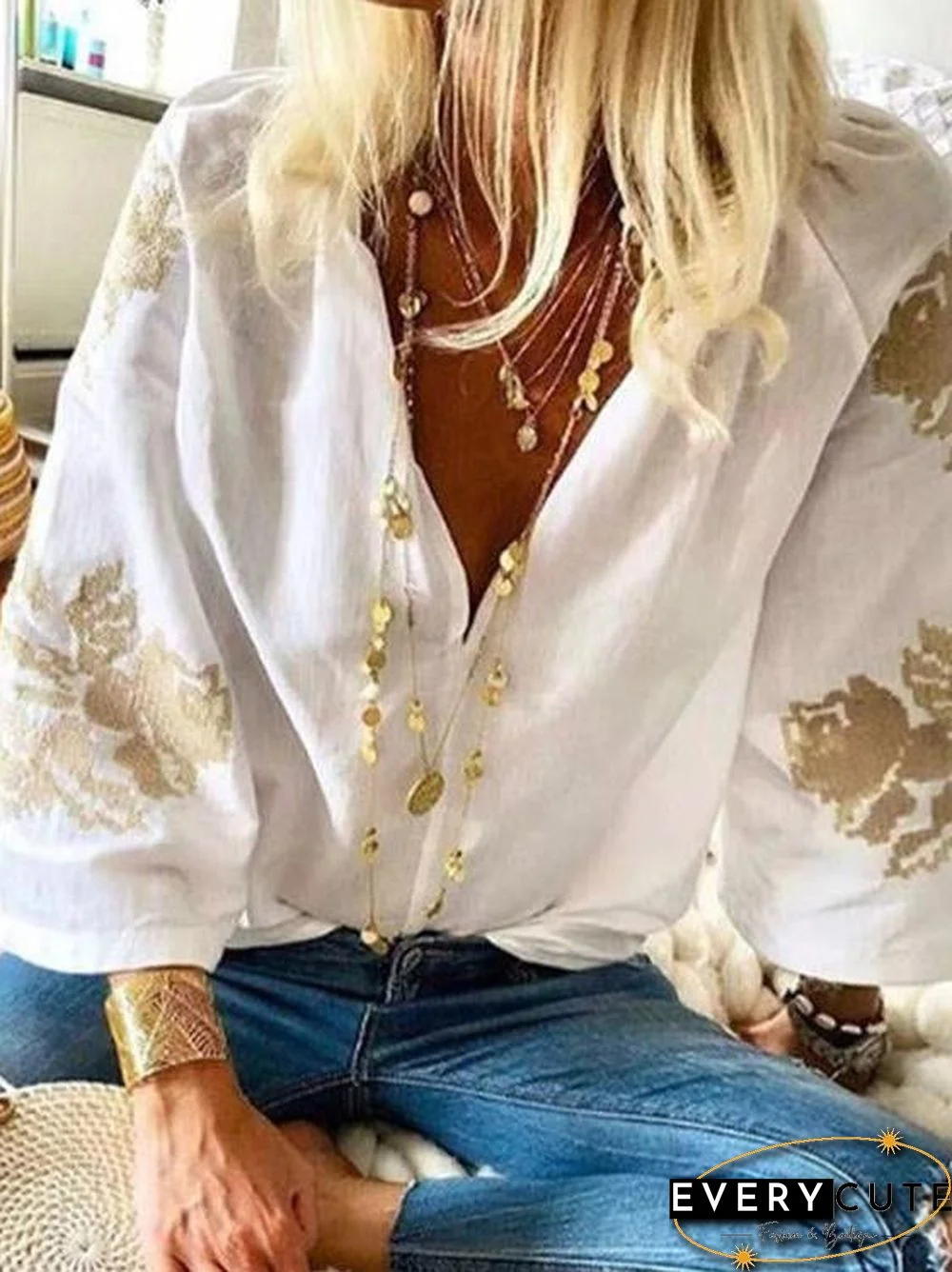 V Neck Loose Printed Shirt