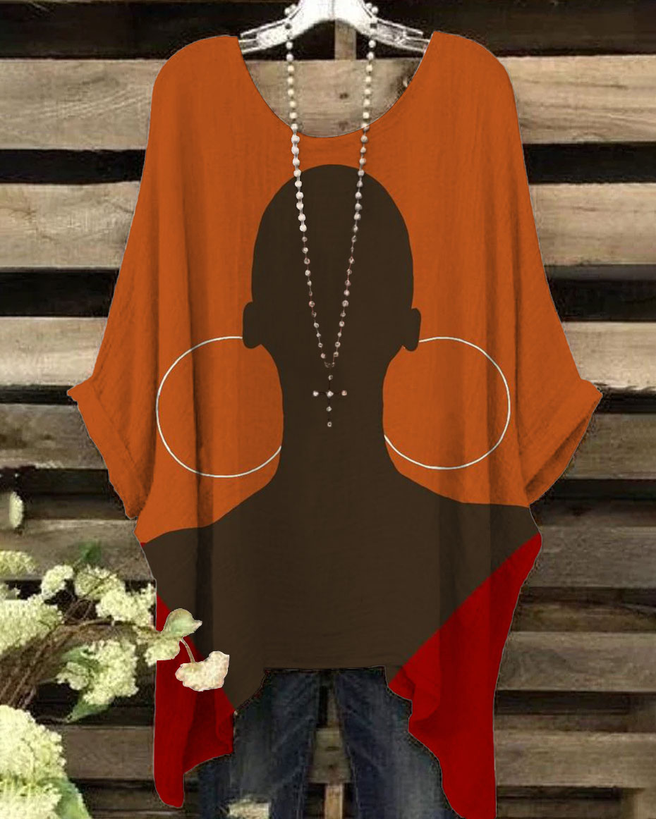 Women's Hoop Earrings Brown Girl Print Irregular Shirt