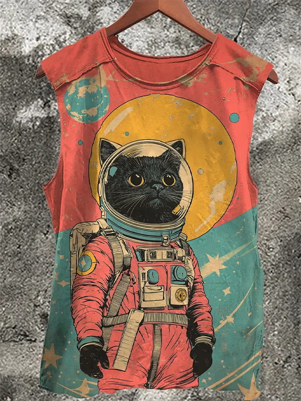 Men's Black Cat Astronaut Color Block Art Print Tank Top
