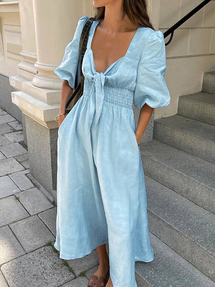 Women's Casual Dress Front Tie Puff Sleeve Midi Dress