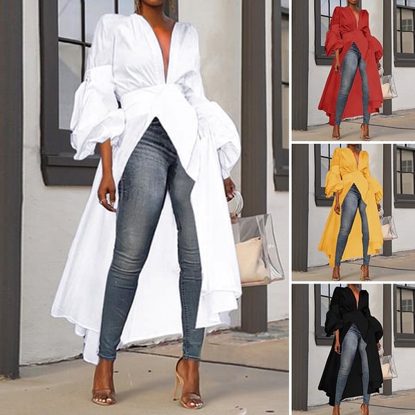 Women Sexy Deep V Neck Asymmetric Blouse Shirts Casual Puff Sleeve Solid Color Long Tops - BlackFridayBuys
