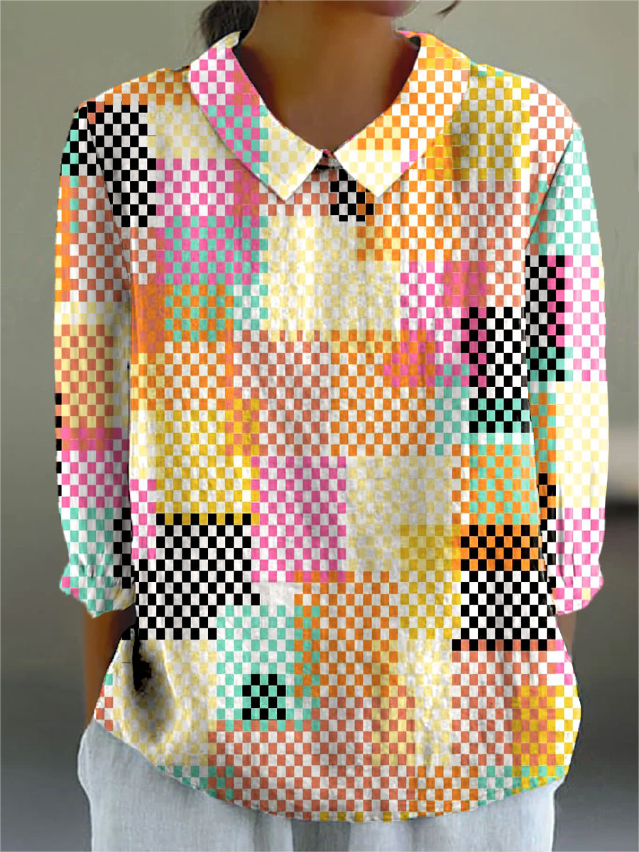 Women's Bright Abstract Mini Color Block Art Print Casual Cotton And Linen 3/4 Sleeve Shirt