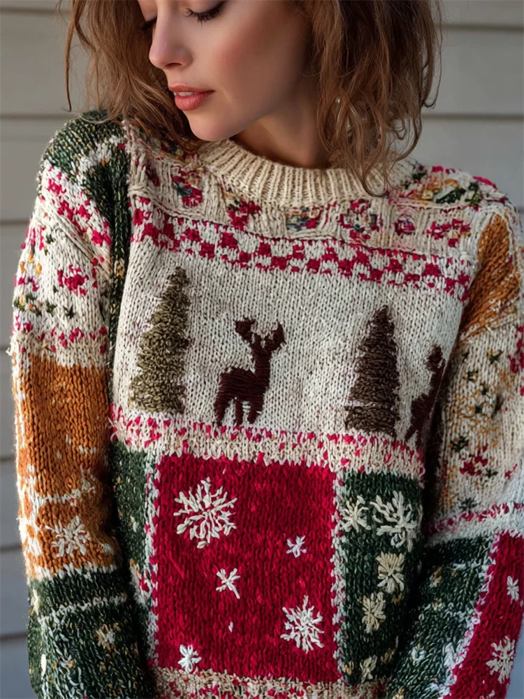 Vintage Christmas Embroidered Colorblock Cozy Knit Sweater