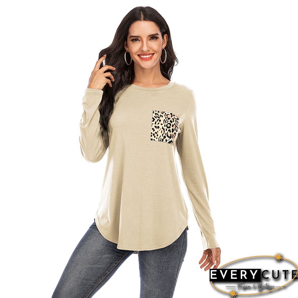 Khaki Leopard Pocket Long Sleeve Tops