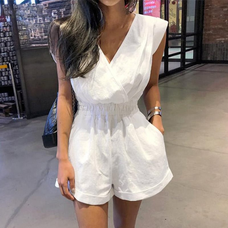 Women Short Playsuit V-neck Sleeveless Solid Backless Ladies Overalls Paysuits Large Size 3XL Loose Tunic Summer Casual Rompers