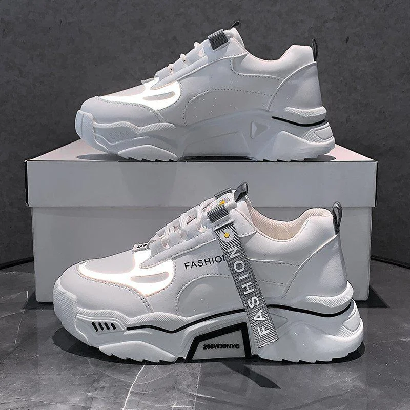 Fashion Spring Reflective Platform Sneakers Women Shoes Korean Lace Up Chunky Sneakers Mixed Color Women's Vulcanize Shoes 2021