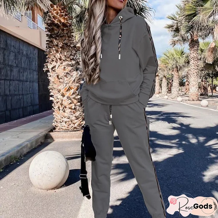 Fashion Casual Solid Tracksuit Autumn Long Sleeve Drawstring Top Pullover & Pocket Long Pant Outfit Lady Hoodie Sweatshirt Outfits