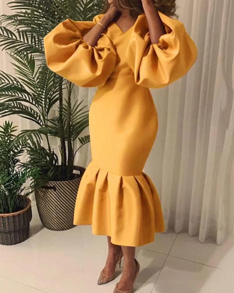 V-neck Bubble Long Sleeve Mermaid Dress