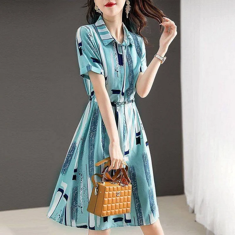 Light Blue Geometric Short Sleeve A-Line Dresses QueenFunky