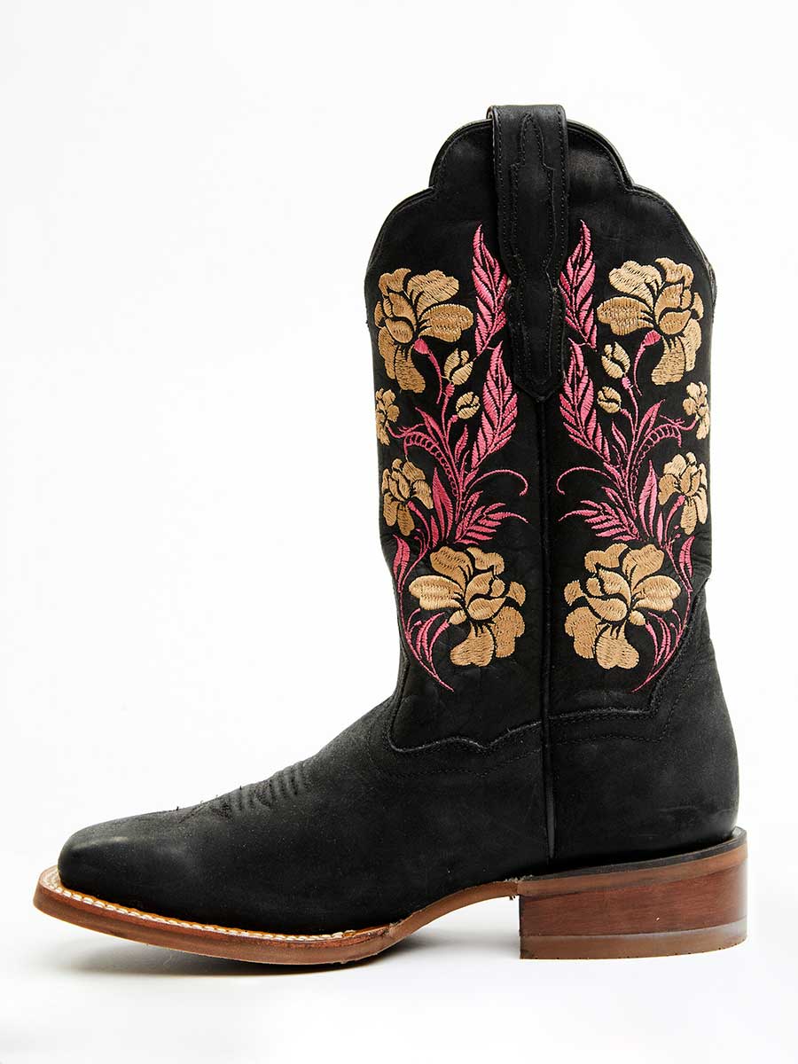 Black Square Toe Chunky Heel Embroidered Western Boots for Women