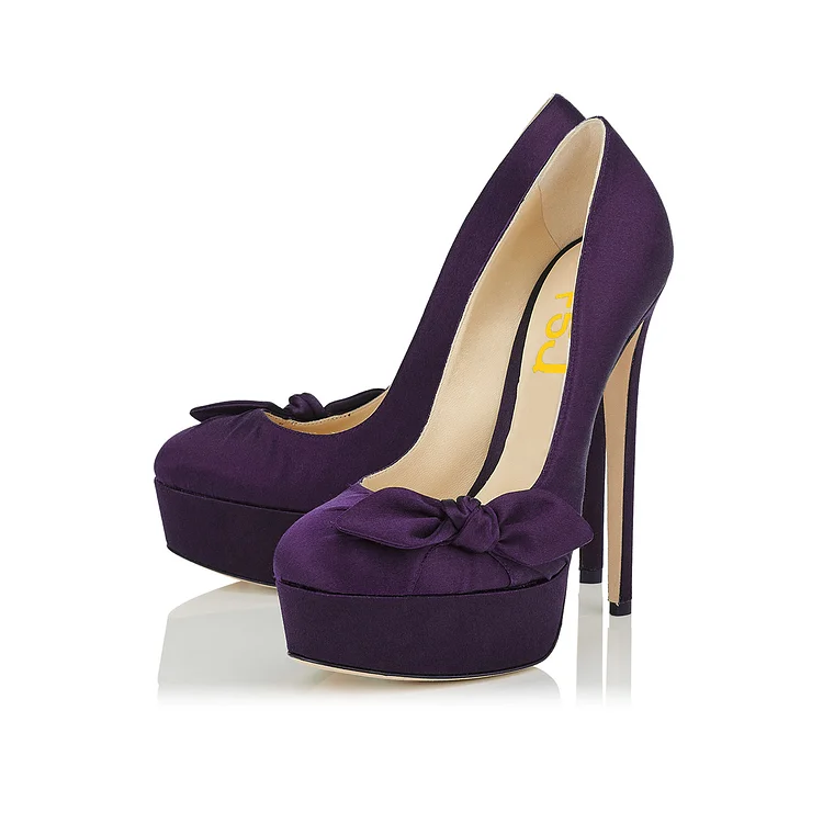 Purple Satin Bow Heels Round Toe Stiletto Heel Platform Pumps |FSJ Shoes