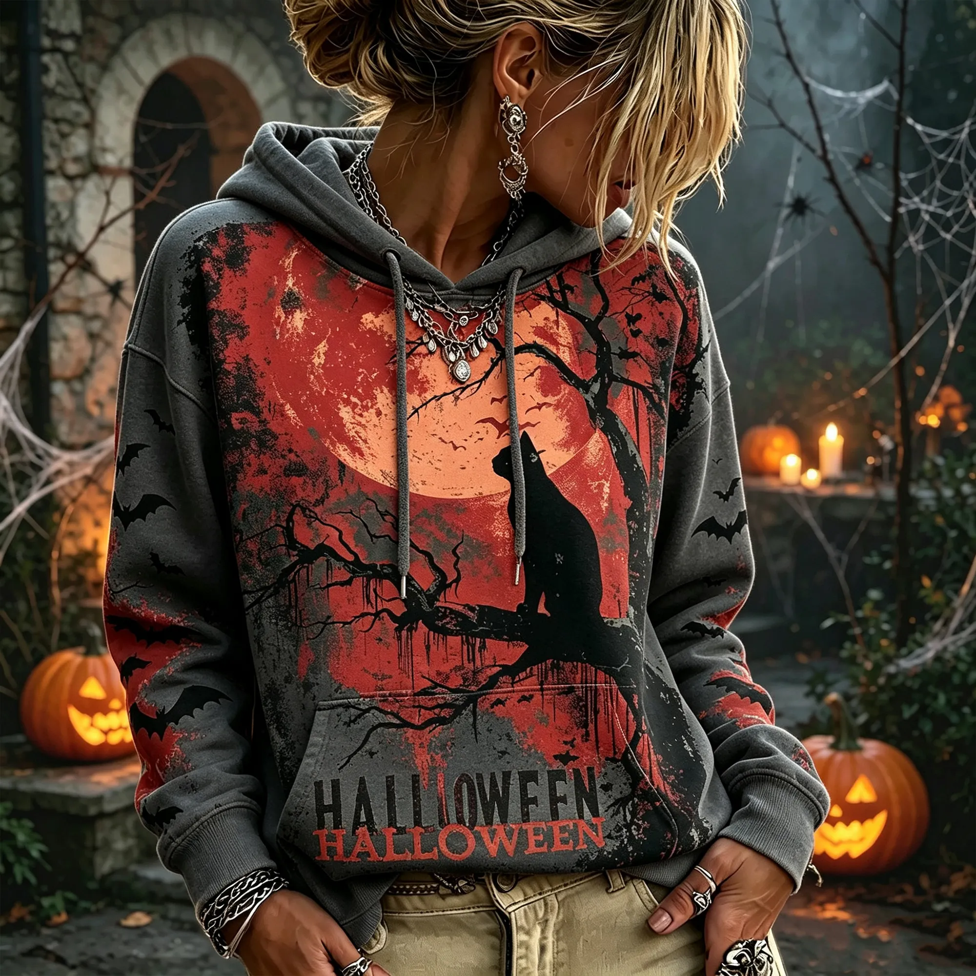 Women's Retro Halloween Distressed Red Moon Black Cat Silhouette Bat Eerie Pattern Pullover Sweatshirt artswardrobe