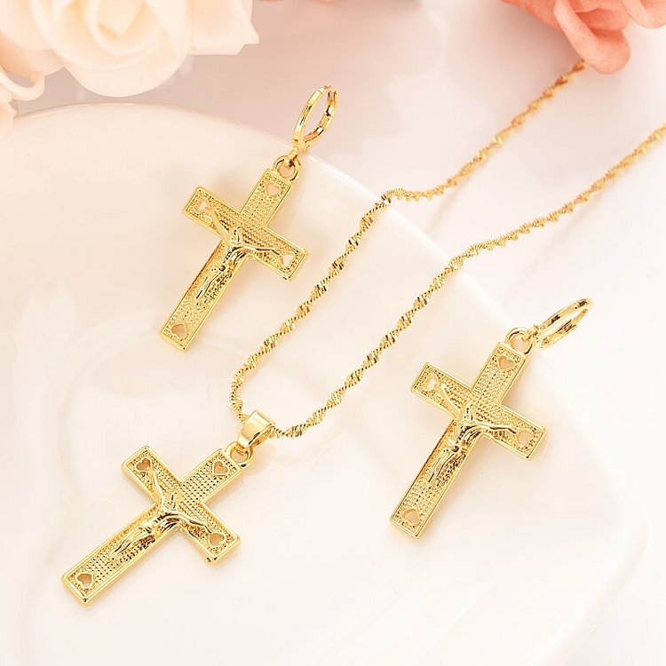 gold bamboo heart cross Pendant Necklace chain Earrings sets