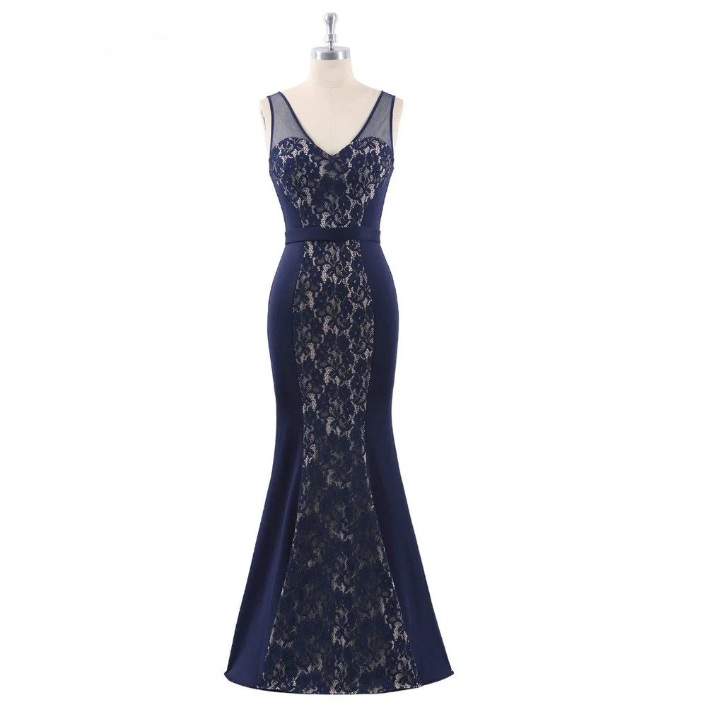 Gorgeous Navy V-Neck Lace Prom Dress Mermaid Long Evening Gowns On Sale