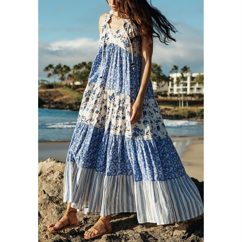 Bohemian Dress Summer 2024 Women Floral/Geometric Print V Neck Sleeveless Tiered Flowy Midi Dress Beach Party Dresses