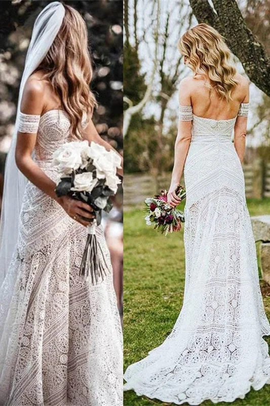 Off the shoulder on sale lace boho wedding dress