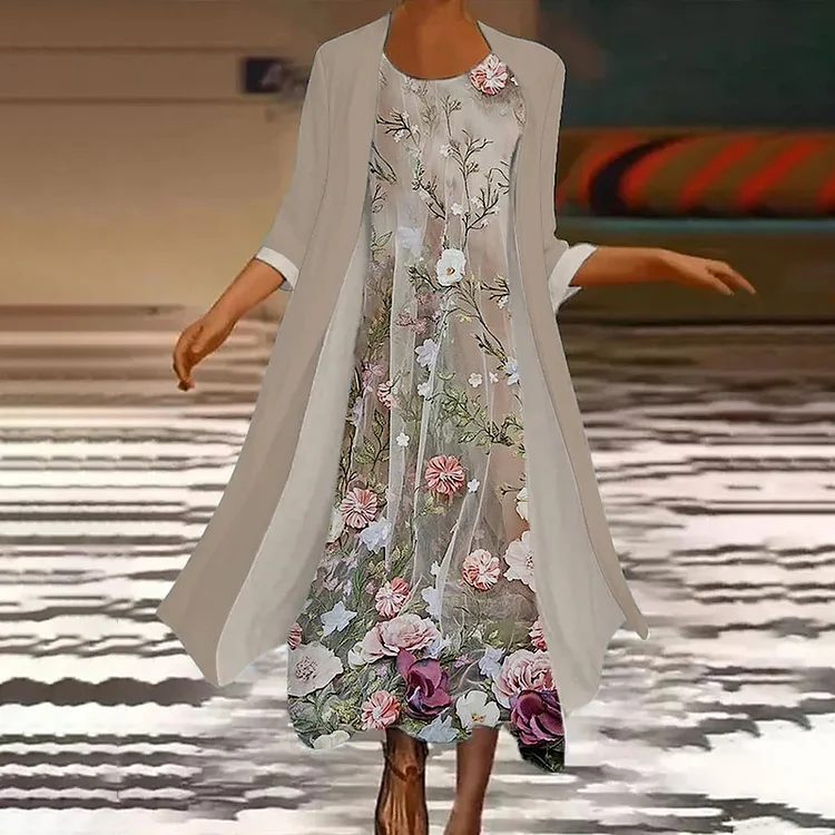 Cubism Flower Printed Casual Two-Piece Maxi Dress