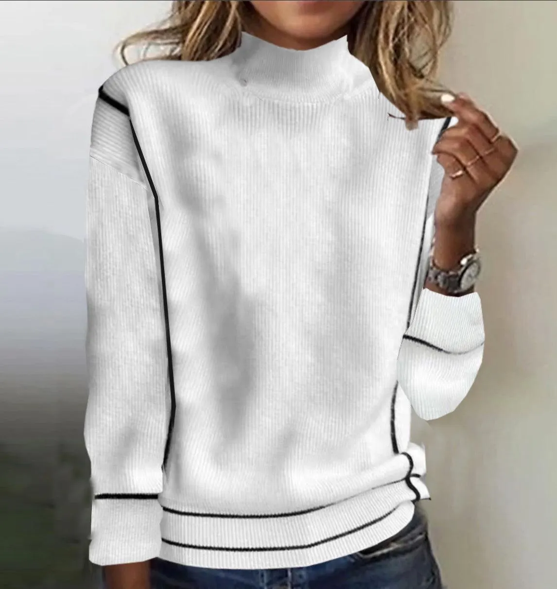 Chic Plain White Mock Neck Long Sleeve Sweater