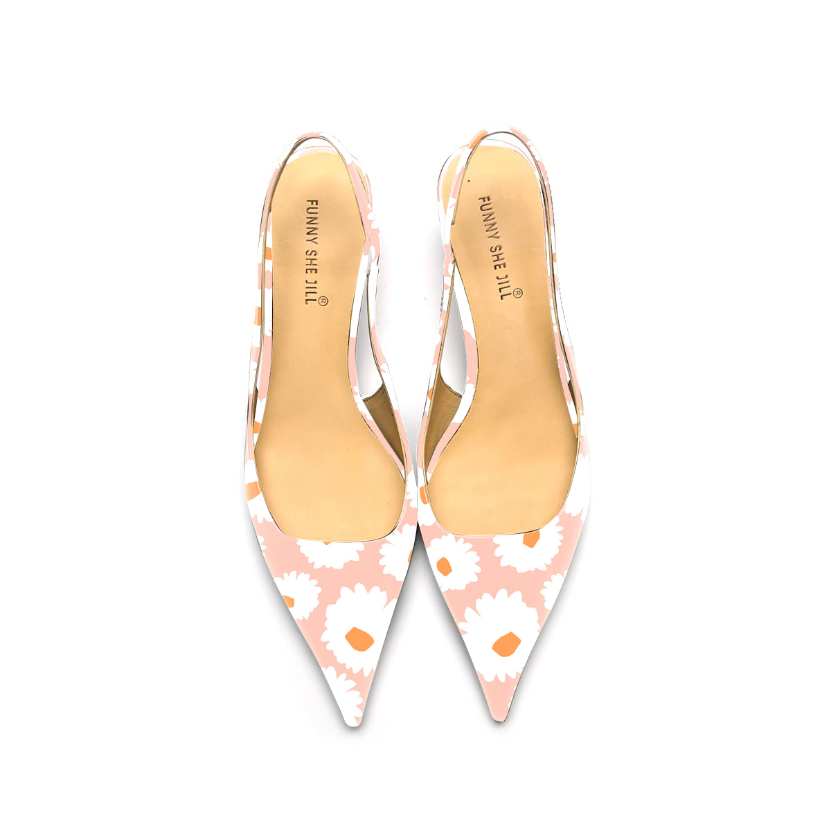 Elegant Pink Daisy Pattern Pointed Toe Kitten Heel Slingback Pumps Nicepairs