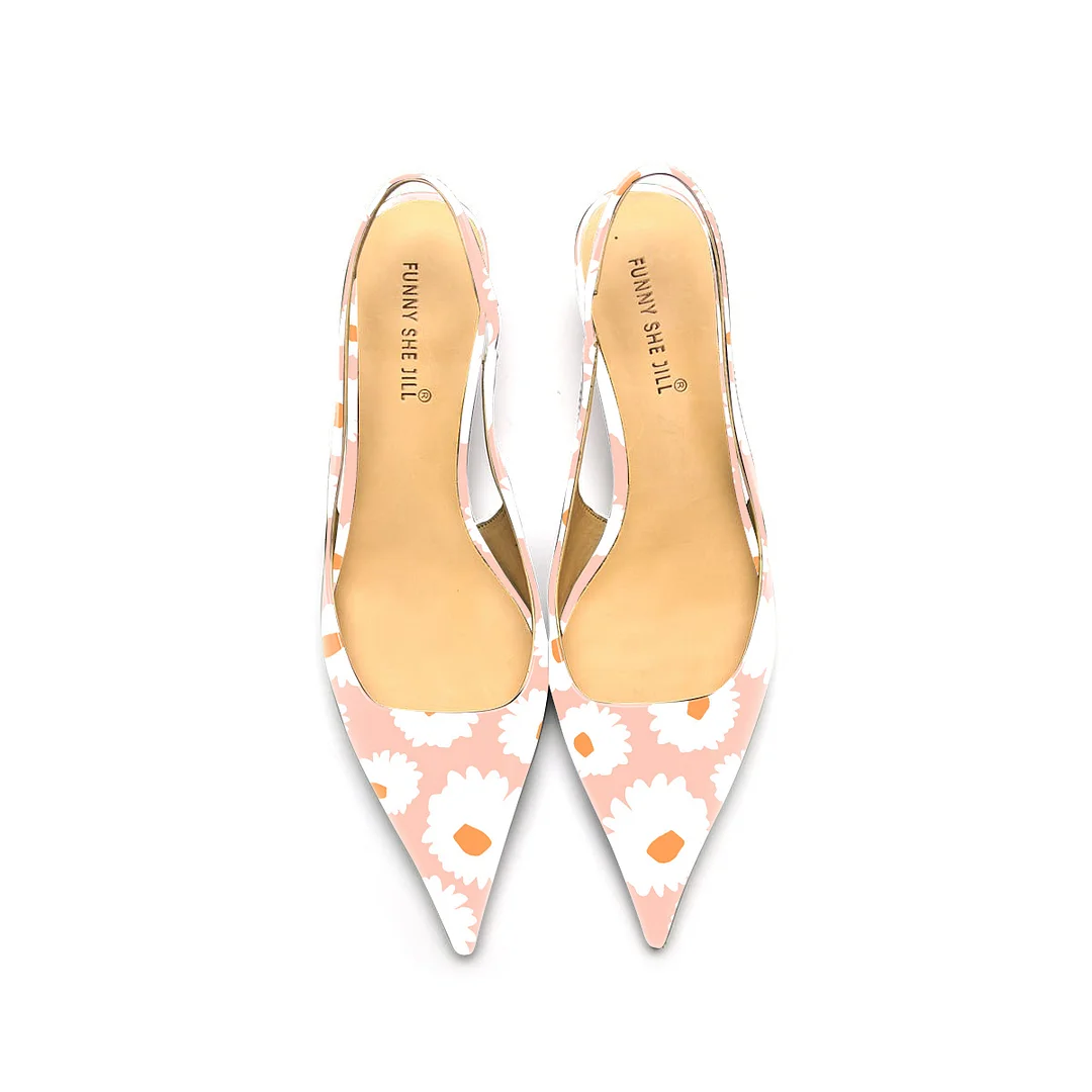 Pink Daisy Pattern Patent Leather Pointed Toe Elegant Kitten Heel Slingback Dress Pump Shoes Nicepairs