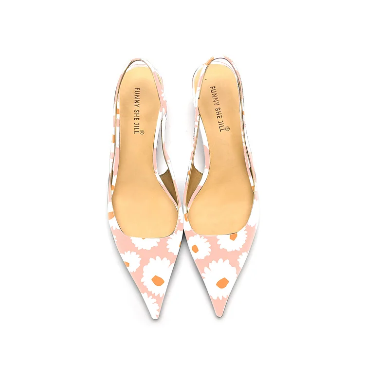 Daisy Pattern Patent Leather Slingback Kitten Heels Vdcoo