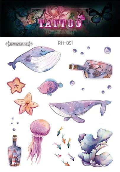 12 Kinds Handpainted Ocean Tattoo Sticker Flower Whale Starfish Turtle Temporary Body Art Disposable Make Up tatouage temporaire