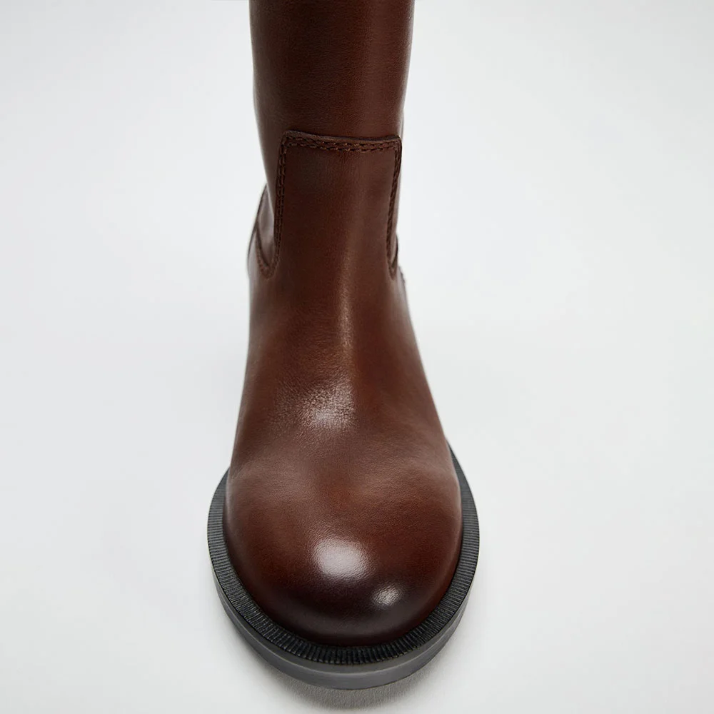 Classic Brown Round Toe Chunky Heel Pull Strap Wide Mid Calf Boots