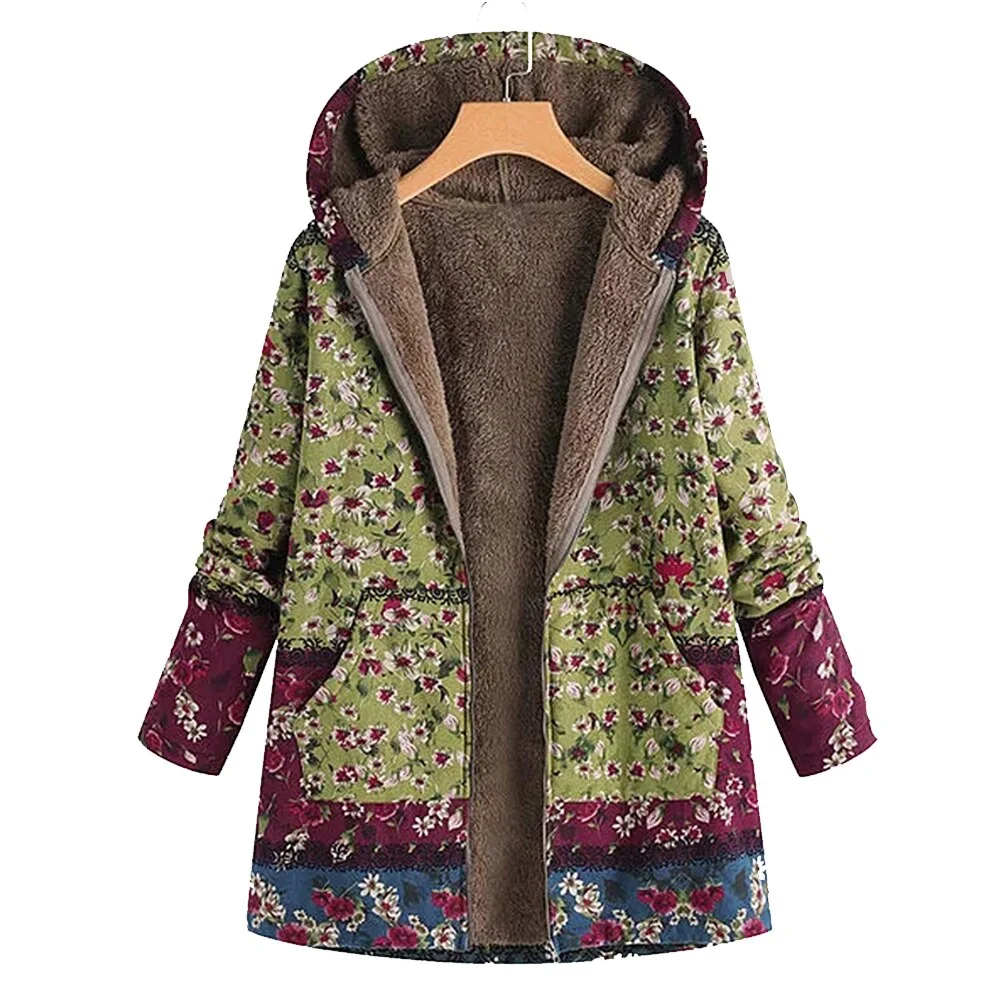 Floral Print Winter Jacket Women Warm Pockets Hooded Oversized Coats Vintage Fluffy Cozy Parkas Female Casual Zipper Outerwear